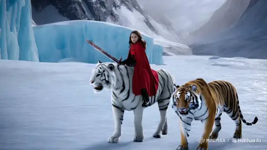 Girl in Red Cloak Rides Tiger Through Icy Mountains – AI Generated Video | Hailuo AI