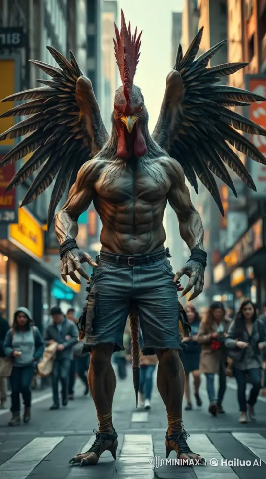 Powerful Rooster Character Demonstrates Anger in Urban Setting – AI Generated Video | Hailuo AI