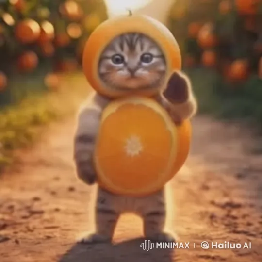Cute Kitten Transforms into Robotic Hunter in Orange Orchard – AI Generated Video | Hailuo AI