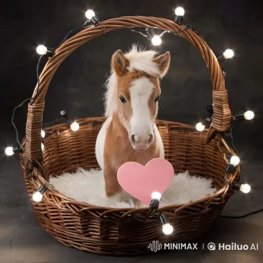 Miniature Horse Enlivens Heart in Fairy-Lit Basket – AI Generated Video | Hailuo AI