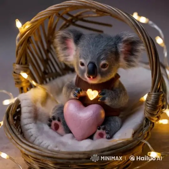 Baby Koala Enjoys Cozy Basket and Glowing Heart – AI Generated Video | Hailuo AI