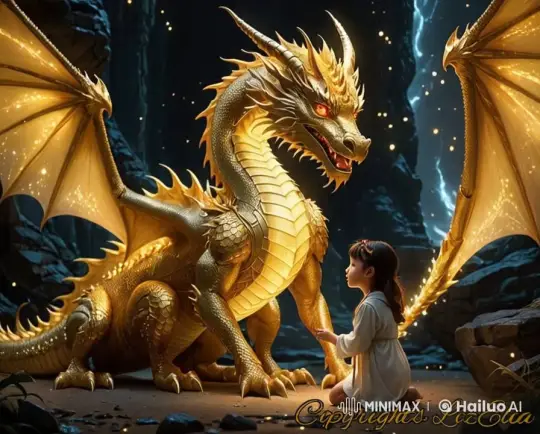 Mystical Cave Encounter: Golden Dragon and Awe-Struck Girl – AI Generated Video | Hailuo AI
