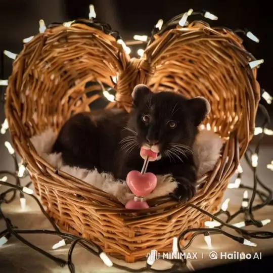 Playful Kitten in Heart-Shaped Basket with Lights – AI Generated Video | Hailuo AI