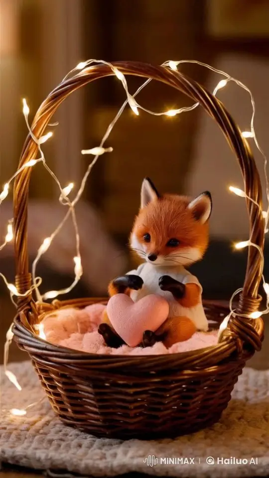 Fox Smiles and Squeezes Heart Cushion in Cozy Basket – AI Generated Video | Hailuo AI