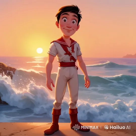 Cartoon Sailor Boy on Shore with Rising Sun and Splashing Waves – AI Generated Video | Hailuo AI