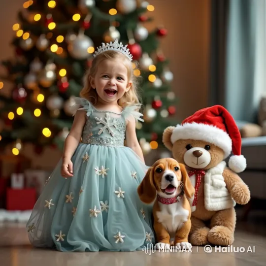 Joyful Christmas Scene with Costumed Girl, Puppy, and Bear – AI Generated Video | Hailuo AI