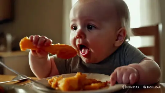 Joyful Infant Bites into Crispy Orange Chicken – AI Generated Video | Hailuo AI