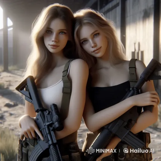 Sunlit Warehouse: Girls Share Intimate Kiss in Tactical Gear – AI Generated Video | Hailuo AI