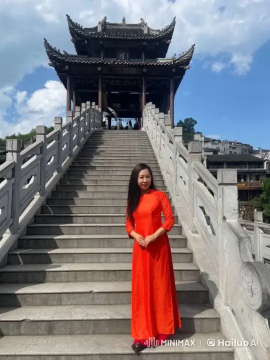 Woman in Red Dress on Stone Stairs Near East Asian Architecture – AI Generated Video | Hailuo AI