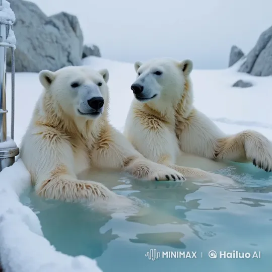 Polar Bears Relaxing in Snowy Hot Spring – AI Generated Video | Hailuo AI