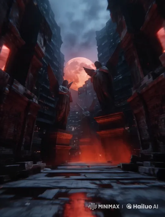 Dystopian Angel Statues Amid Red-Hued Apocalypse – AI Generated Video | Hailuo AI