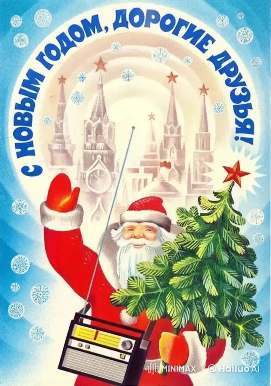 Santa Waving with Christmas Tree and Vintage Radio – AI Generated Video | Hailuo AI
