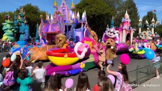 Magical Theme Park Parade with Colorful Floats and Joyful Performers – AI Generated Video | Hailuo AI