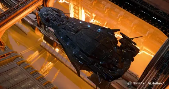 Futuristic Spacecraft Navigates Industrial Orange-Hued Structure – AI Generated Video | Hailuo AI