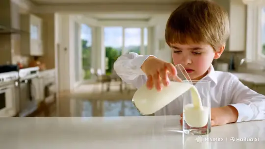 Boy Spills Milk in Aesthetic Kitchen, Chaos Ensues – AI Generated Video | Hailuo AI
