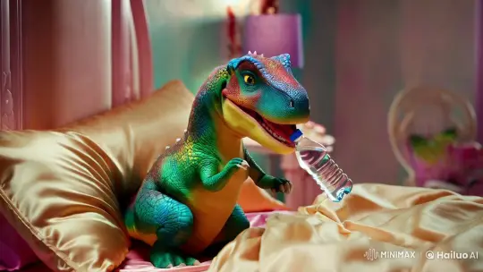Vibrant Dinosaur in Whimsical Luxury Bed Scene – AI Generated Video | Hailuo AI