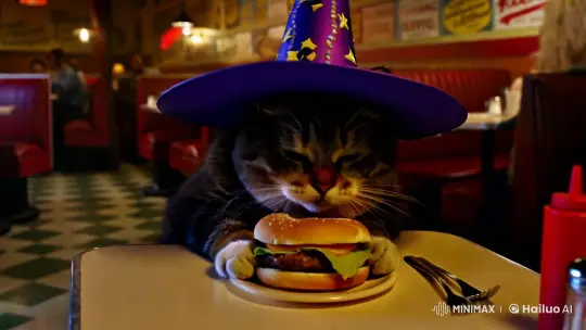 Whimsical Cat Wizard Dines on Hamburger in Nostalgic Diner – AI Generated Video | Hailuo AI