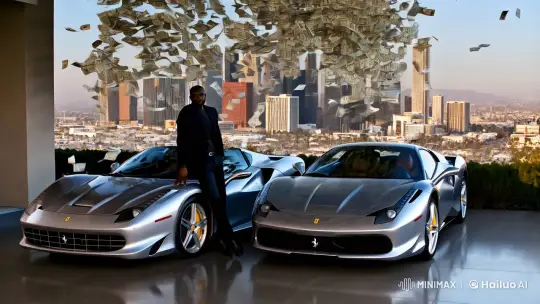 Luxury Ferrari Display Amidst Falling Money in LA – AI Generated Video | Hailuo AI