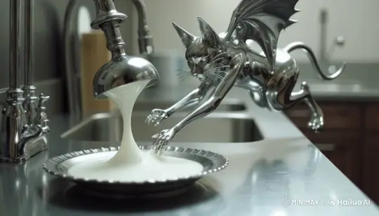 Silver Winged Cat Sips Milk in Modern Kitchen – AI Generated Video | Hailuo AI
