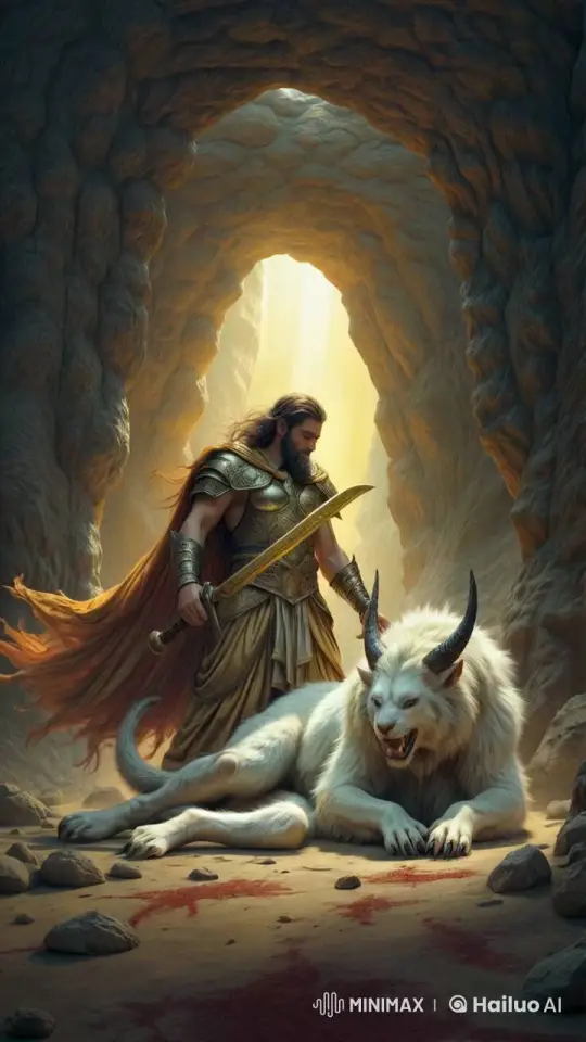 Hero Triumphs Over White Demon in Dramatic Slow Motion – AI Generated Video | Hailuo AI