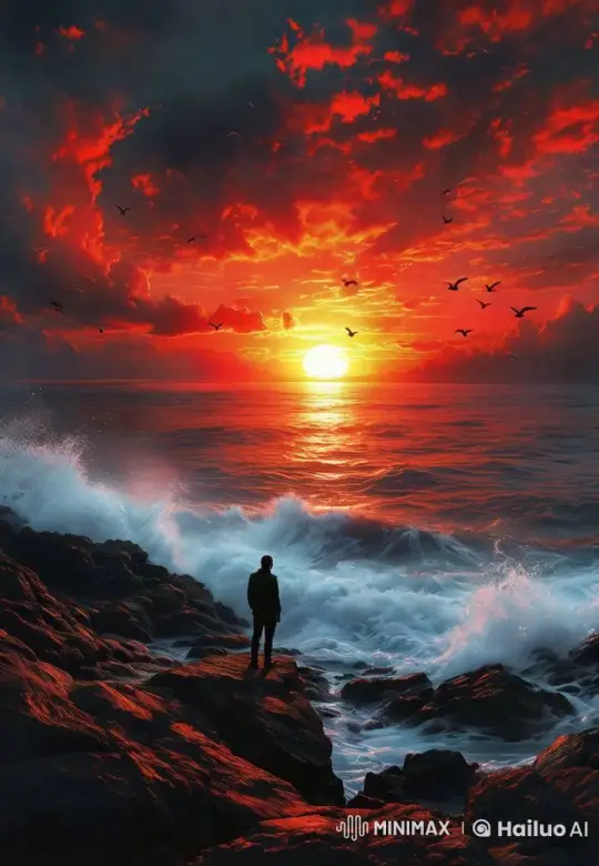 Figure Stands Resolute Amid Ocean's Stormy Majesty – AI Generated Video | Hailuo AI