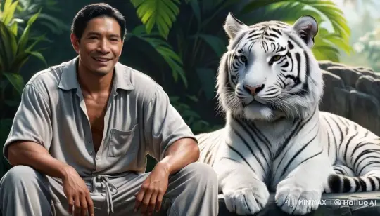 Man and White Tiger Walk in Harmony in the Jungle – AI Generated Video | Hailuo AI