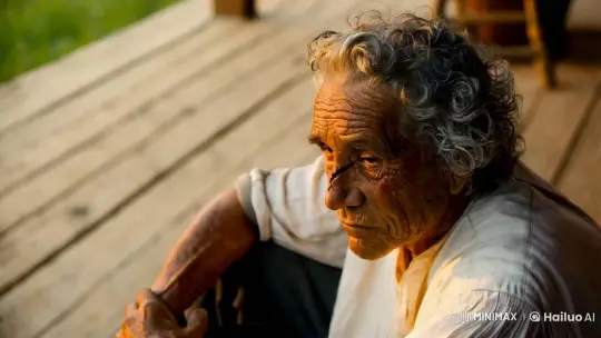 Elderly Man Reflects Wisdom on Rustic Porch – AI Generated Video | Hailuo AI