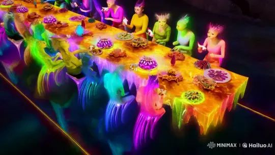 Alien Feast: Luminous Table, Radiant Dishes, Vivid Display – AI Generated Video | Hailuo AI