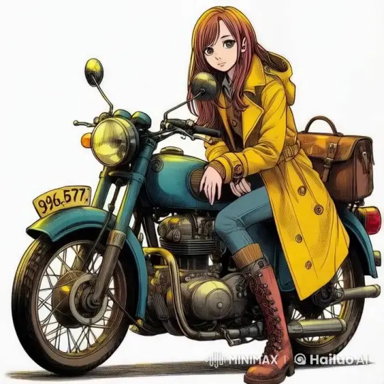 Girl Masters Motorcycle Maneuver in Yellow Coat – AI Generated Video | Hailuo AI