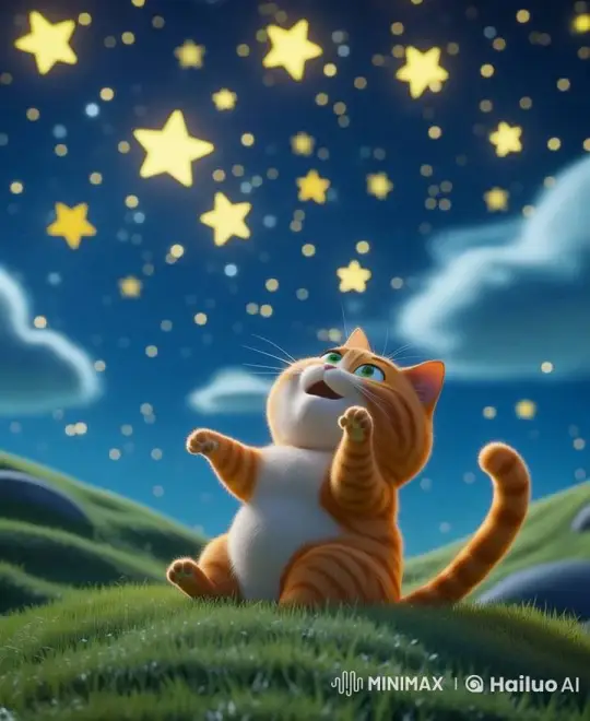 Chubby Cat Enjoys Tranquil Night Under Starry Sky – AI Generated Video | Hailuo AI