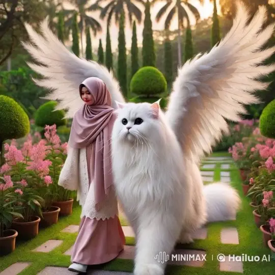 Graceful Woman and Winged Cat in Enchanted Garden – AI Generated Video | Hailuo AI