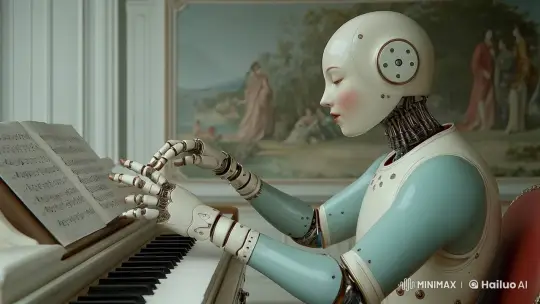 Sophisticated Cyborg Masterfully Plays Piano in Elegant Setting – AI Generated Video | Hailuo AI