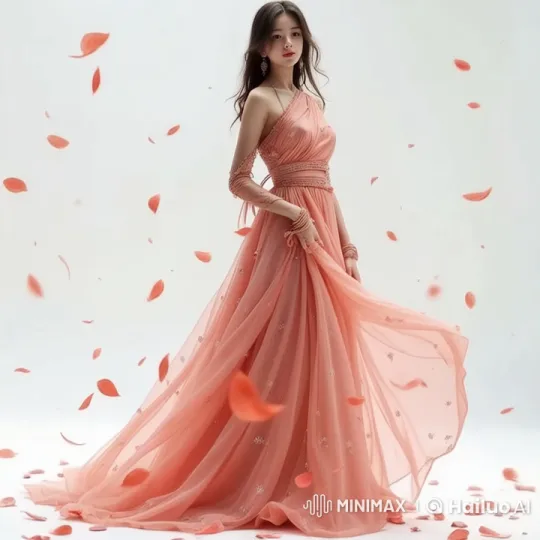 Enchanted Girl in Flowing Gown Amidst Falling Petals – AI Generated Video | Hailuo AI