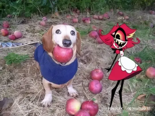 Dog and Animated Character in Apple Orchard – AI Generated Video | Hailuo AI