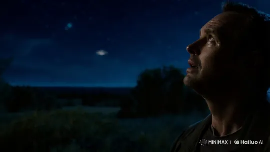 Man gazes at night sky, encounters UFO in tranquil rural scene – AI Generated Video | Hailuo AI