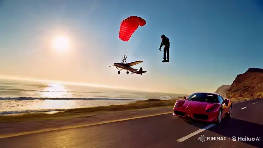 Aerial Pilot Gracefully Lands on Coastal Road Ferrari – AI Generated Video | Hailuo AI