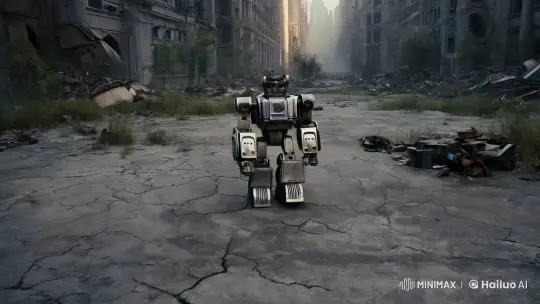 Robotic Survivor in Desolate Cityscape – AI Generated Video | Hailuo AI