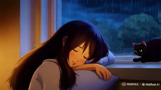Peaceful Night: Girl Slumbers Amid Rain and Cat's Glimmer – AI Generated Video | Hailuo AI