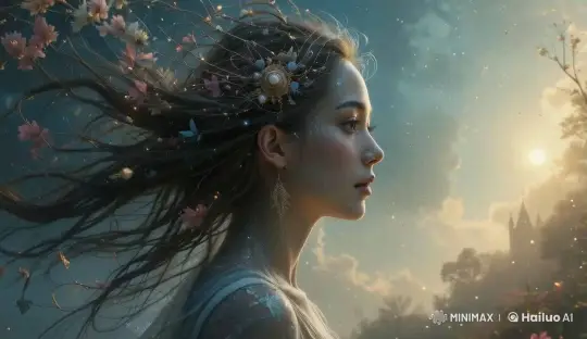 Mystical Dawn: A Young Woman's Contemplation Amidst Stardust and Butterflies – AI Generated Video | Hailuo AI