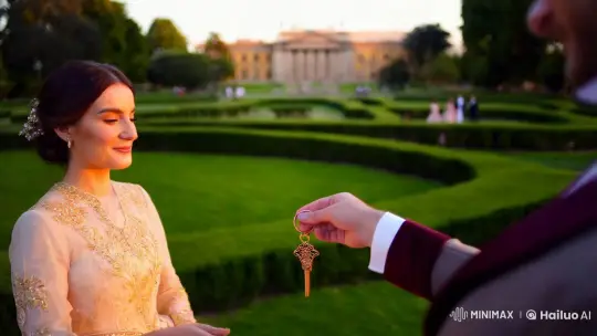 Elegant Exchange in a Serene Park Setting – AI Generated Video | Hailuo AI