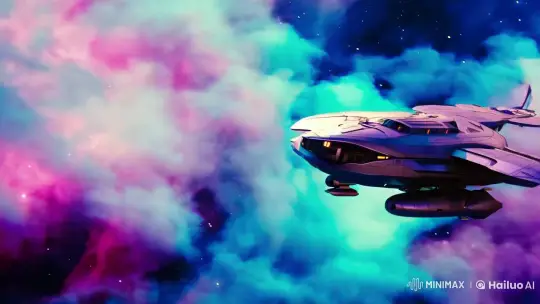 Futuristic Spaceship Navigates Vibrant Gas Nebula – AI Generated Video | Hailuo AI