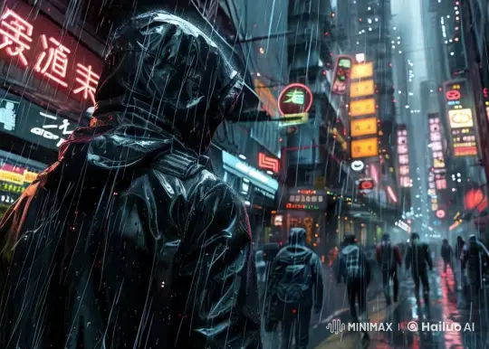 Cyberpunk Cityscape: Hooded Figure in Neon Rain – AI Generated Video | Hailuo AI