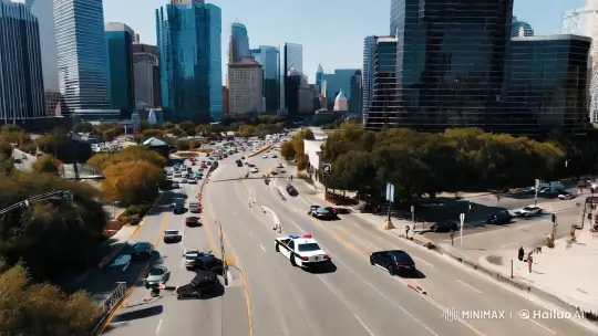 Aerial-View Car Chase in Bustling Cityscape – AI Generated Video | Hailuo AI