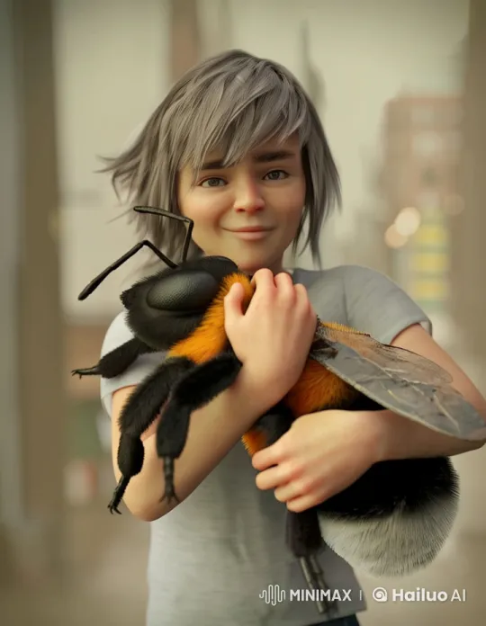 Boy Hugs Giant Bee in Serene Animated Scene – AI Generated Video | Hailuo AI