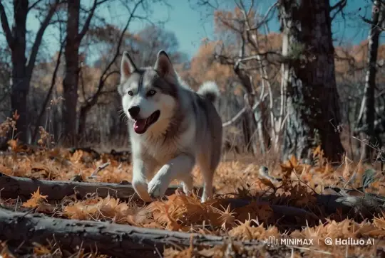 Husky Joyfully Runs Through Autumn Forest – AI Generated Video | Hailuo AI
