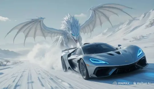 Dragon Pursues McLaren in Winter Mountain Chase – AI Generated Video | Hailuo AI