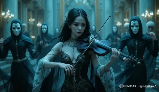 Violinist Celestine in Grand Hall with Masked Dancers – AI Generated Video | Hailuo AI