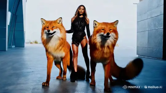Fashion Fantasy: Chic Woman with Majestic Fox Protectors – AI Generated Video | Hailuo AI