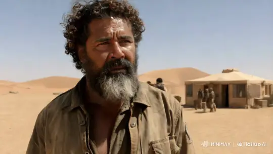 Rugged Man Stands Watch in Desert Outpost – AI Generated Video | Hailuo AI