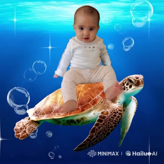 Baby and Sea Turtle Underwater Adventure with Dolphins – AI Generated Video | Hailuo AI
